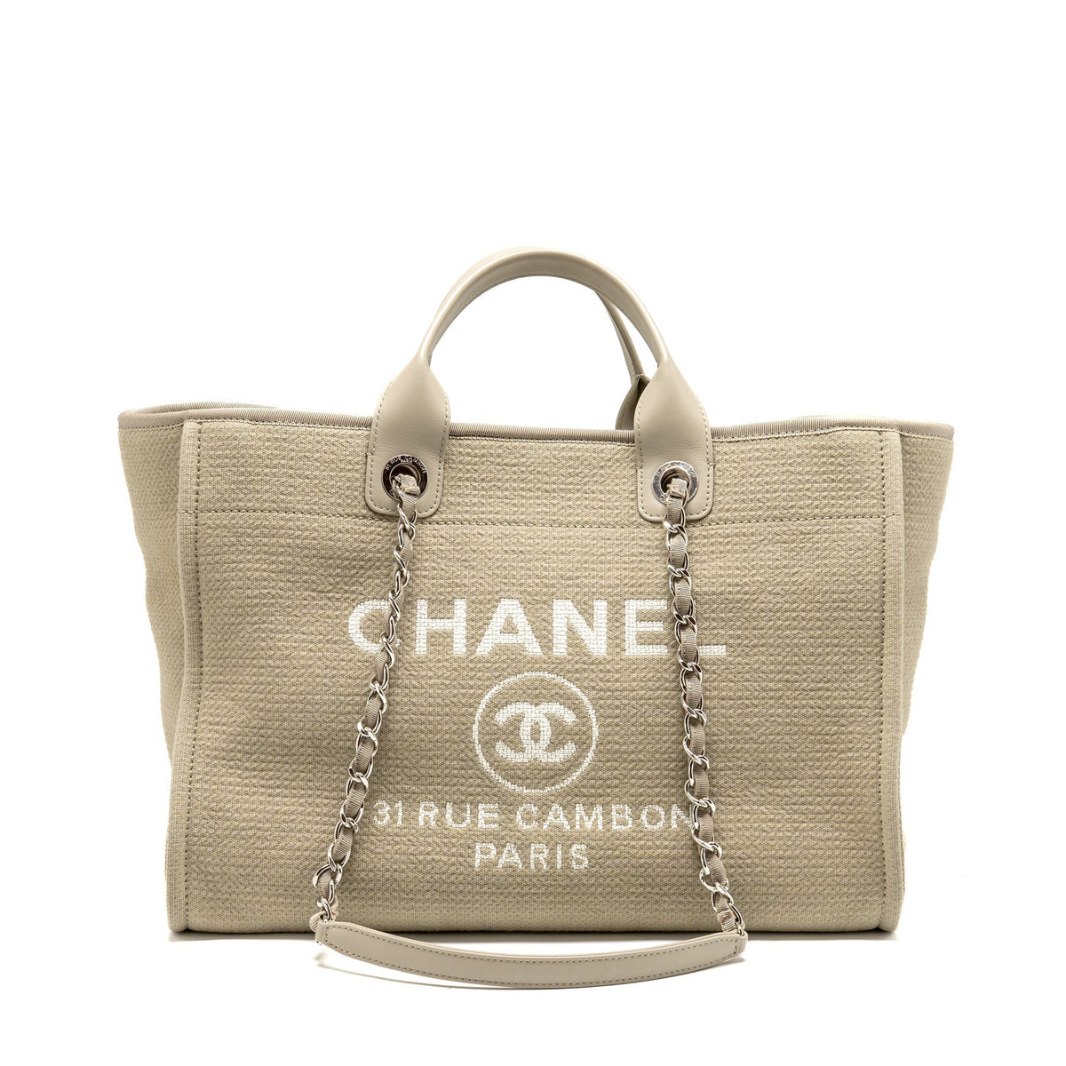 CHANEL DEAUVILLE TOTE BAG FABRIC / LEATHER LIGHT GREY SHW (MICROCHIP)