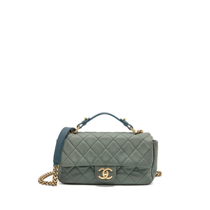 CHANEL TOP HANDLE FLAP SHOULDER BAG WITH CHAIN CAVIAR DARK GREEN GHW