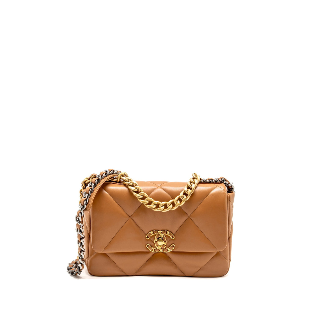 CHANEL SMALL 19 BAG LAMBSKIN CARAMEL MULTICOLOURED HARDWARE (MICROCHIP)