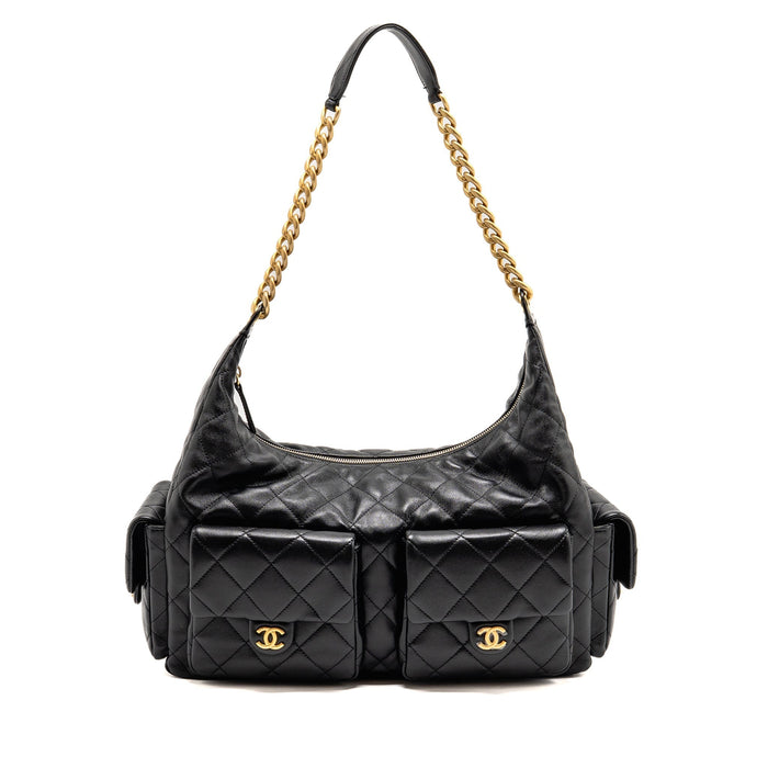 CHANEL 25C MAXI HOBO BAG LAMBSKIN BLACK GHW (MICROCHIP)