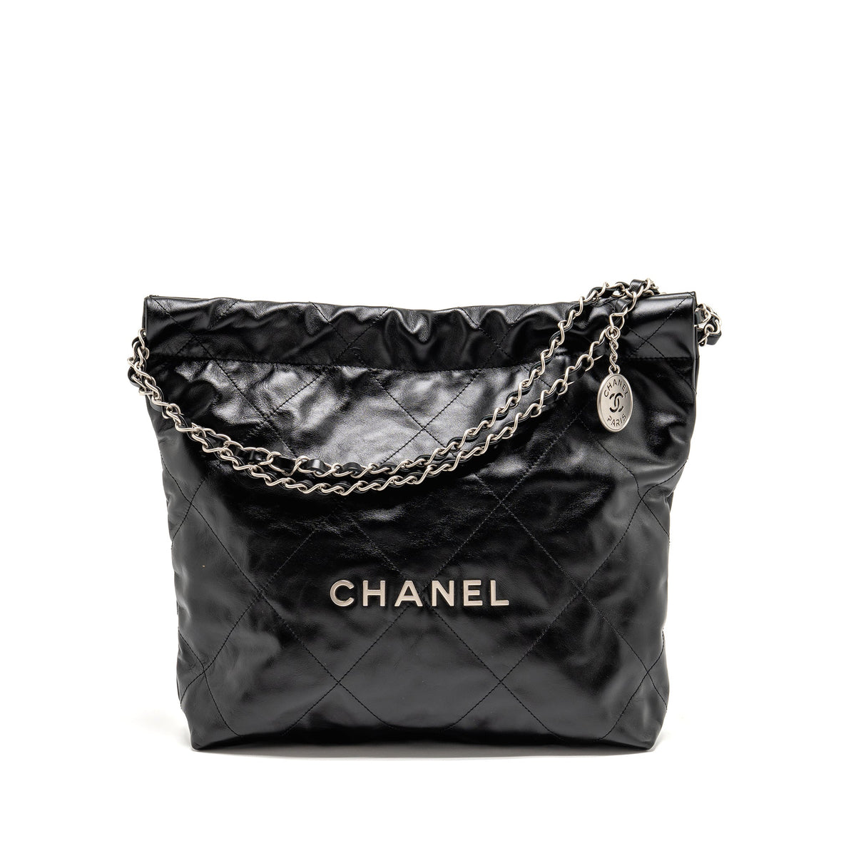 CHANEL SMALL 22 BAG SHINY CALFSKIN BLACK SHW (MICROCHIP)
