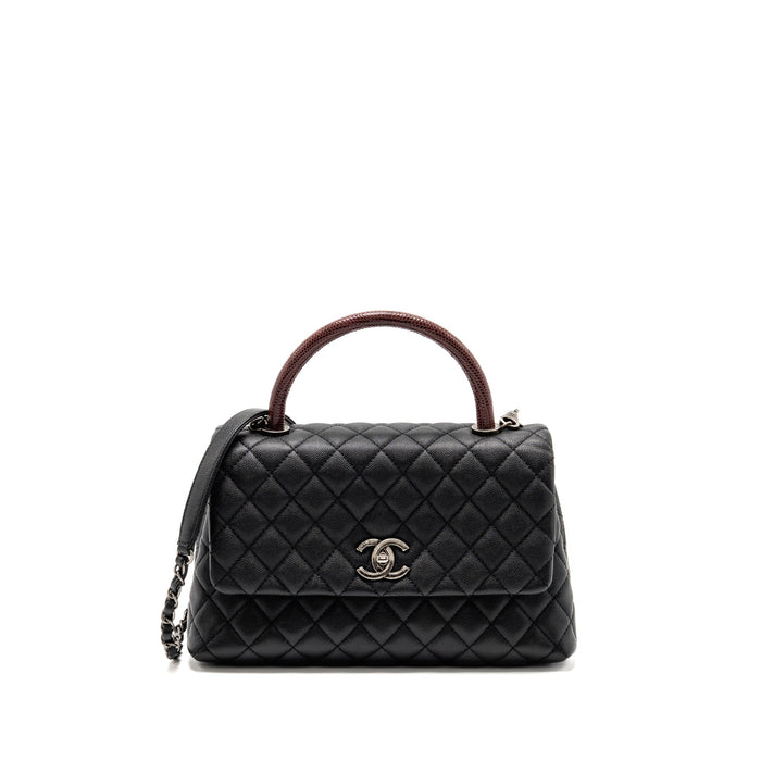 CHANEL MEDIUM COCO HANDLE CAVIAR/LIZARD HANDLE BLACK/BURGUNDY RUTHENIUM HARDWARE