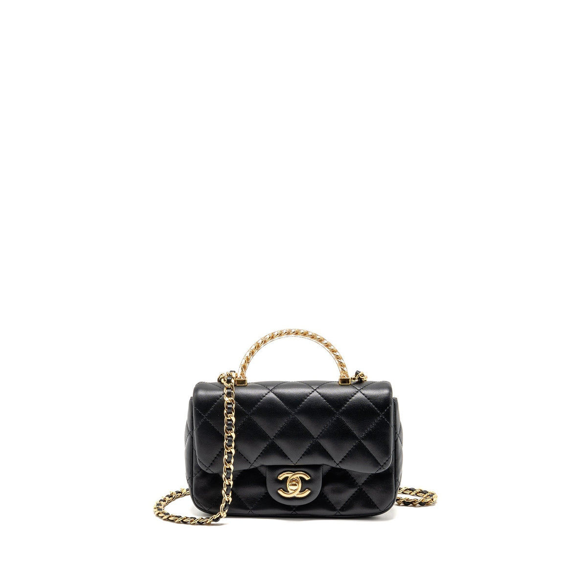 CHANEL 24S TOP HANDLE MINI FLAP BAG LAMBSKIN BLACK GHW (MICROCHIP)