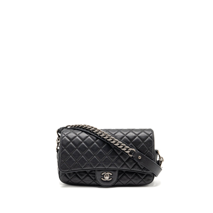 CHANEL MEDIUM CASUAL ROCK FLAP BAG GRAINED CALFSKIN BLACK RUTHENIUM HARDWARE