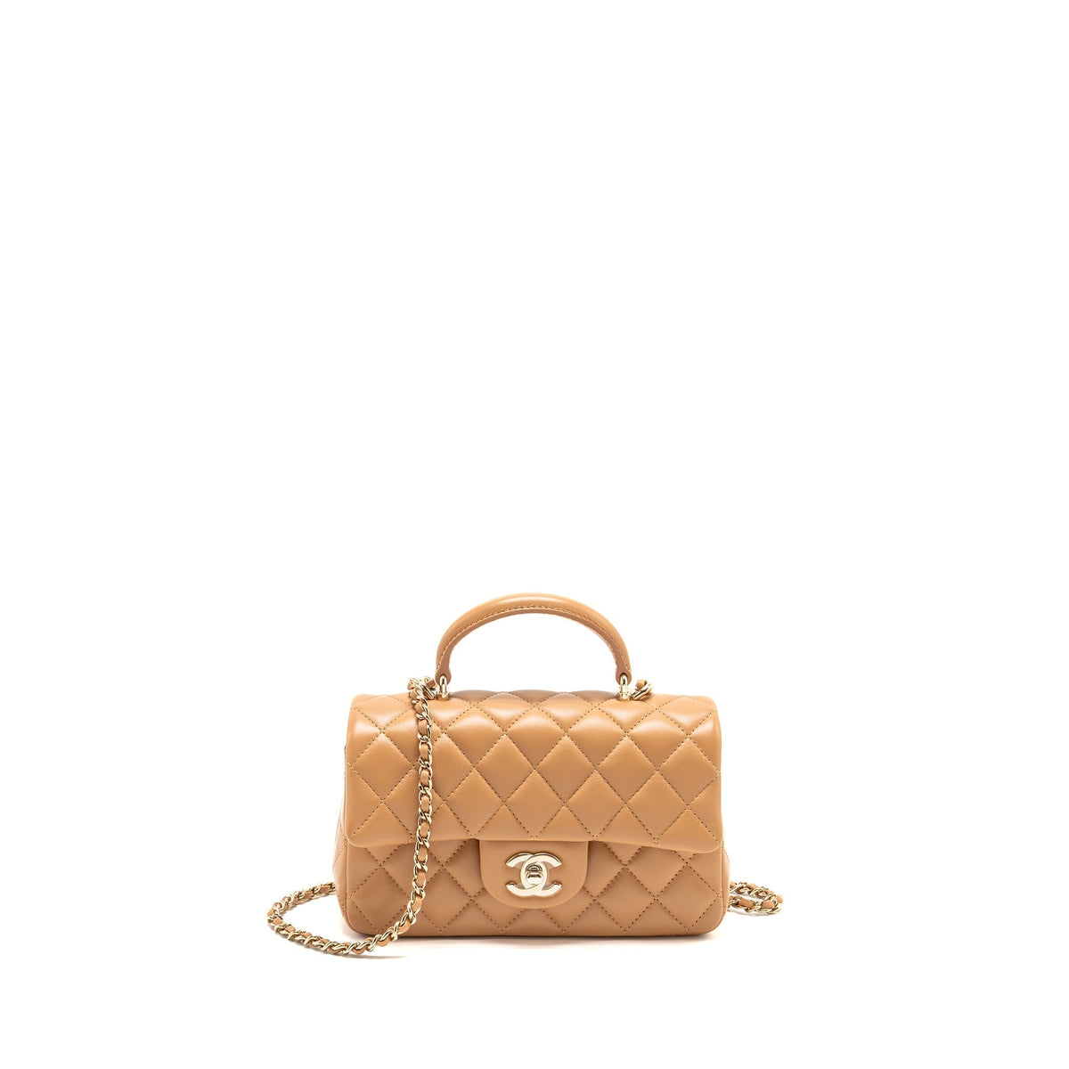 CHANEL TOP HANDLE MINI RECTANGULAR FLAP BAG LAMBSKIN CARAMEL LGHW(MICROCHIP)