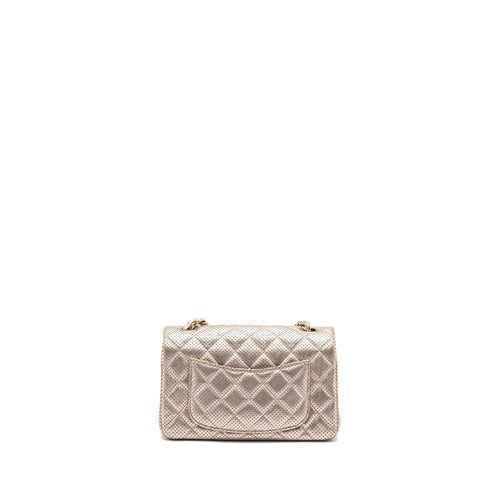 CHANEL MINI RECTANGULAR FLAP BAG PERFORATED METALLIC LAMBSKIN LIGHT GOLD LGHW