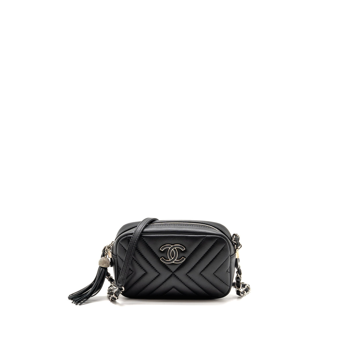 CHANEL DIAGONAL CHEVRON CAMERA BAG WITH DETAILED TASSEL CALFSKIN BLACK SHW