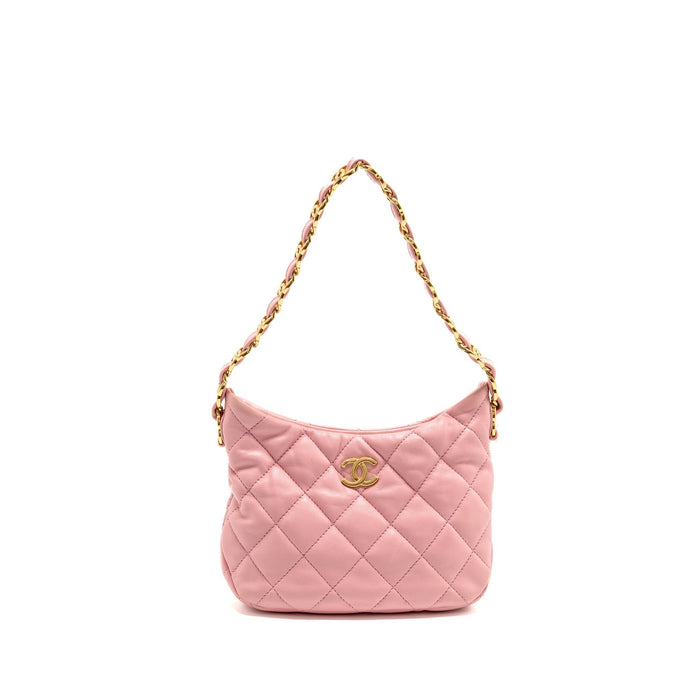 CHANEL 22K HOBO BAG WITH LOGO CHAIN LAMBSKIN PINK GHW (MICROCHIP)