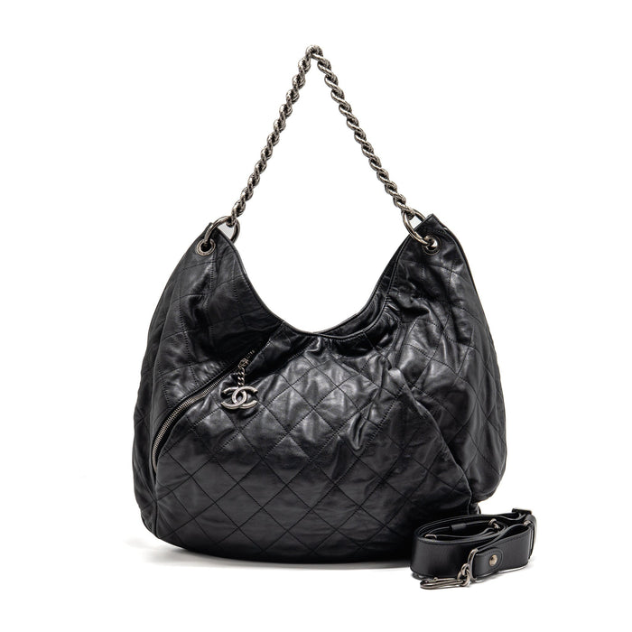 CHANEL COCO PLEATS HOBO BAG CALFSKIN BLACK RUTHENIUM HARDWARE