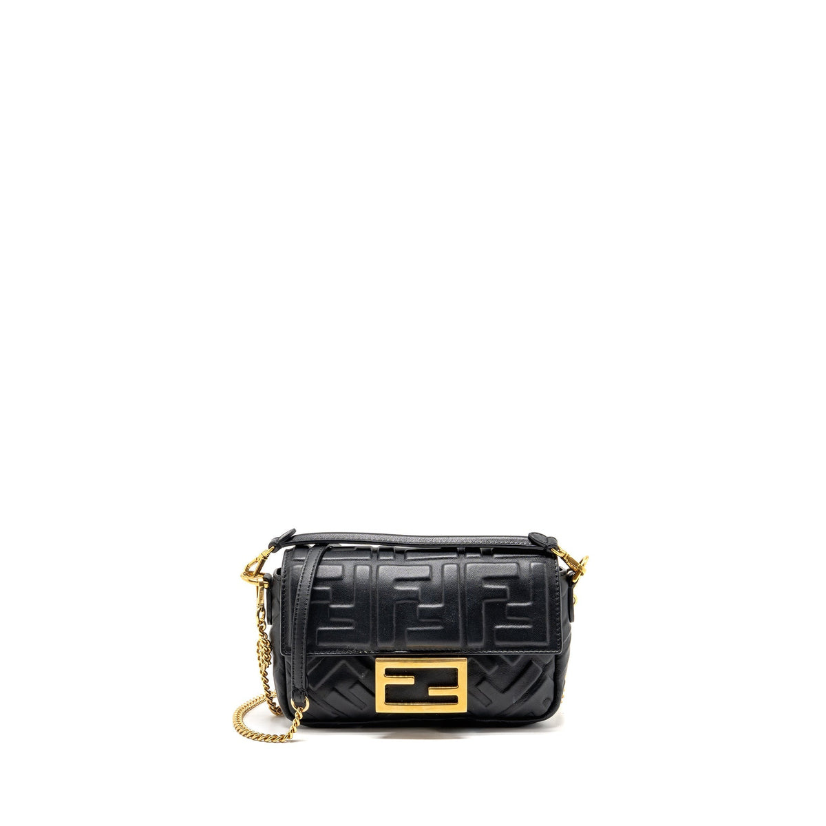 FENDI MINI BAGUETTE BAG FF MOTIF LAMBSKIN BLACK GHW