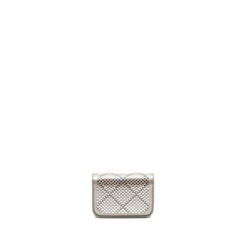 CHANEL 22A MINI STUDDED CHAIN BELT BAG WITH CRYSTAL METALLIC LAMBSKIN SILVER SHW (MICROCHIP)