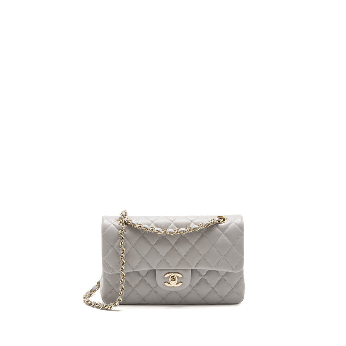 CHANEL SMALL CLASSIC DOUBLE FLAP BAG CAVIAR LIGHT GREY LGHW (MICROCHIP)
