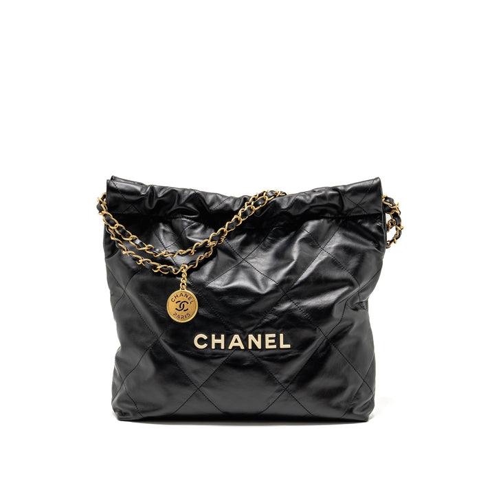 CHANEL SMALL 22 BAG WITH WHITE LETTER LOGO CALFSKIN BLACK GHW (MICROCHIP)