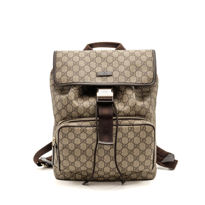 GUCCI SINGLE BUCKLE BACKPACK GG SUPREME CANVAS BROWN SHW