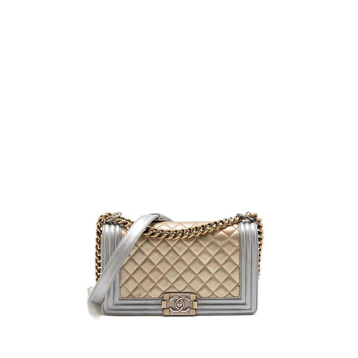 CHANEL MEDIUM BOY BAG METALLIZED CALFSKIN BRONZE/SILVER MULTICOLOURED HARDWARE