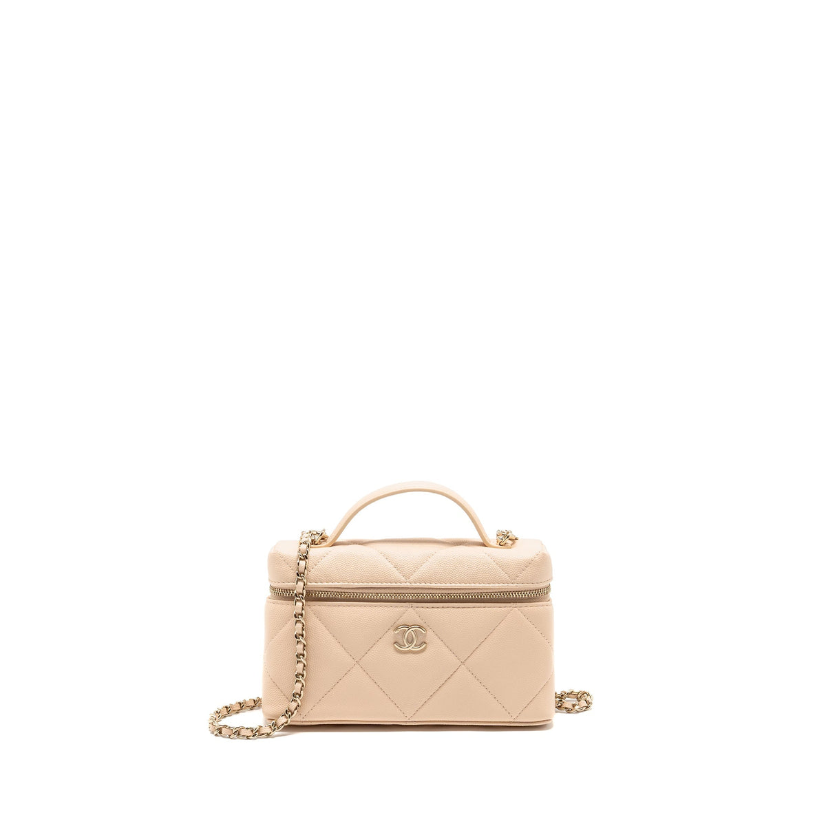 CHANEL 25K CC TOP HANDLE VANITY WITH CHAIN CAVIAR BEIGE LGHW (MICROCHIP)
