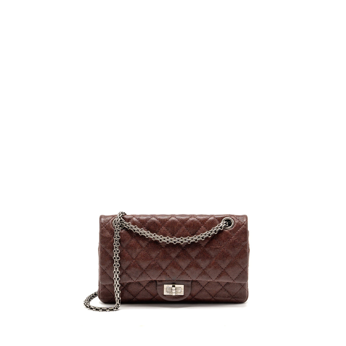 CHANEL SMALL 2.55 REISSUE DOUBLE FLAP BAG SHINY GRAINED CALFSKIN BURGUNDY SHW