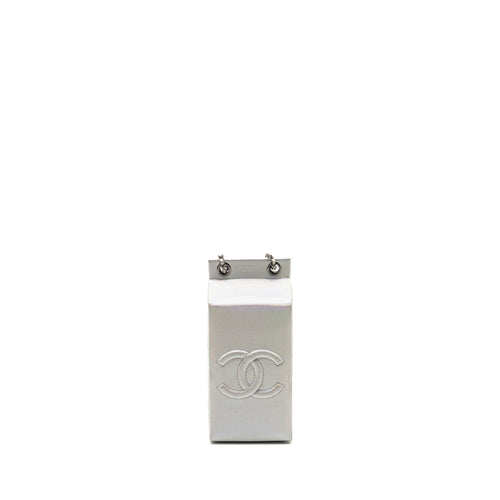 CHANEL 14K LIMITED EDITION RUNWAY LAIT DE COCO MILK CARTON EVENING CHAIN BAG GOATSKIN IRIDESCENT SILVER SHINY RUTHENIUM HARDWARE
