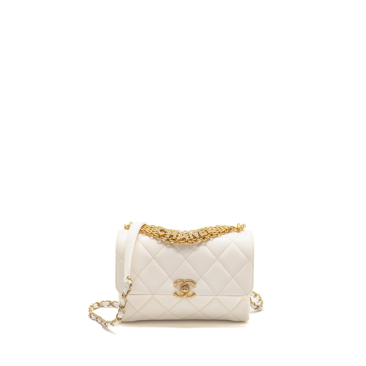 CHANEL QUILTED FLAP BAG WITH LETTER CHAIN LAMBSKIN WHITE GHW (MICROCHIP)