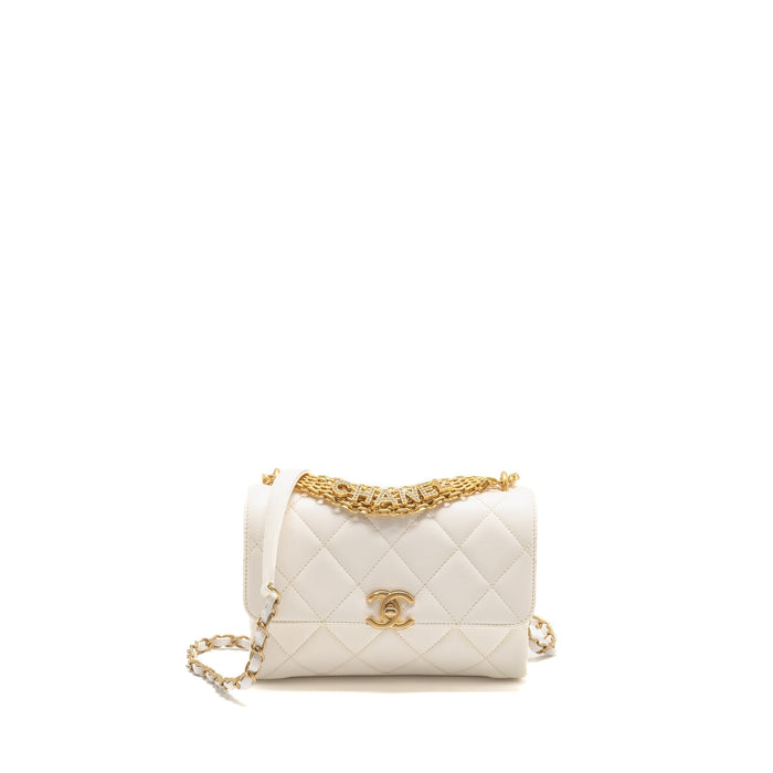 CHANEL QUILTED FLAP BAG WITH LETTER CHAIN LAMBSKIN WHITE GHW (MICROCHIP)