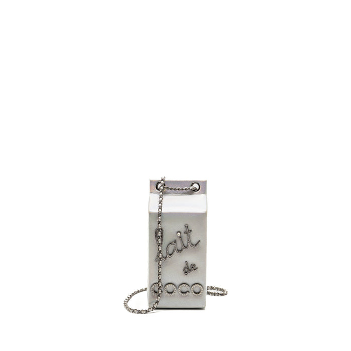 CHANEL 14K LIMITED EDITION RUNWAY LAIT DE COCO MILK CARTON EVENING CHAIN BAG GOATSKIN IRIDESCENT SILVER SHINY RUTHENIUM HARDWARE