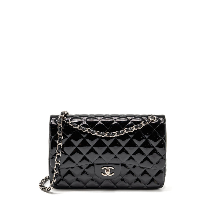 CHANEL JUMBO CLASSIC DOUBLE FLAP BAG PATENT BLACK SHW