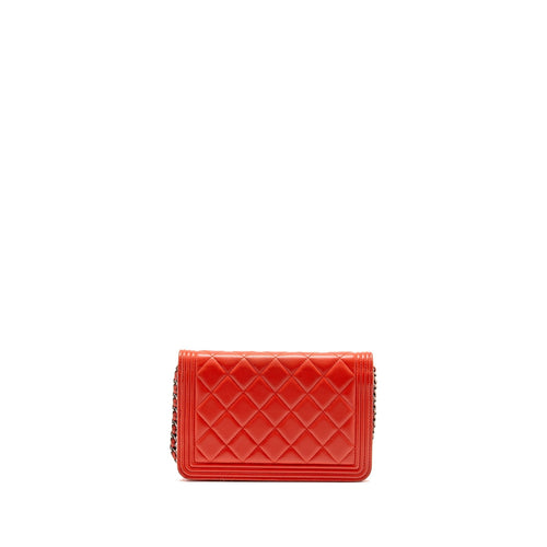 CHANEL BOY WALLET ON CHAIN LAMBSKIN RED RUTHENIUM SILVER HARDWARE