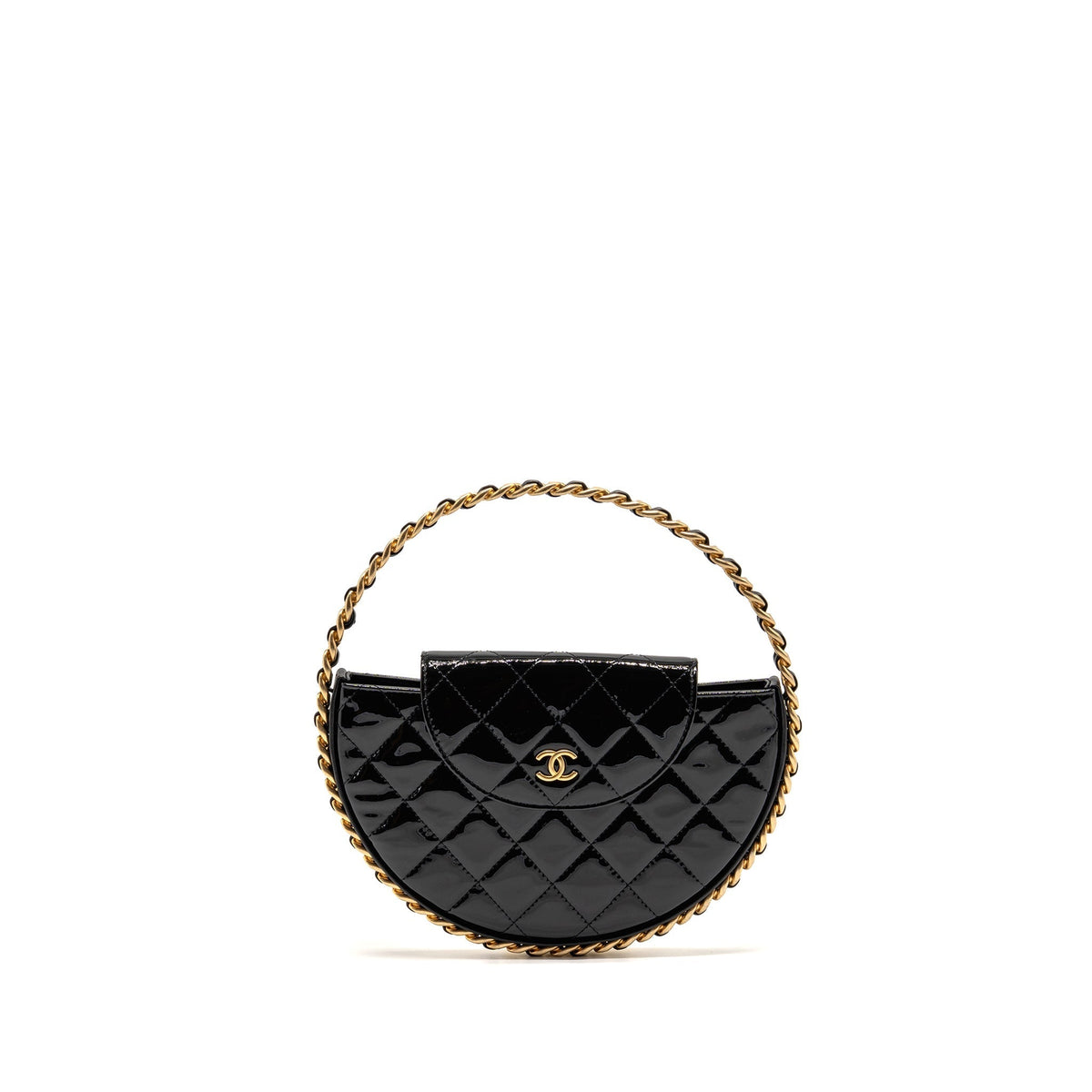 CHANEL 23K HOOP BAG PATENT LEATHER BLACK GHW (MICROCHIP)