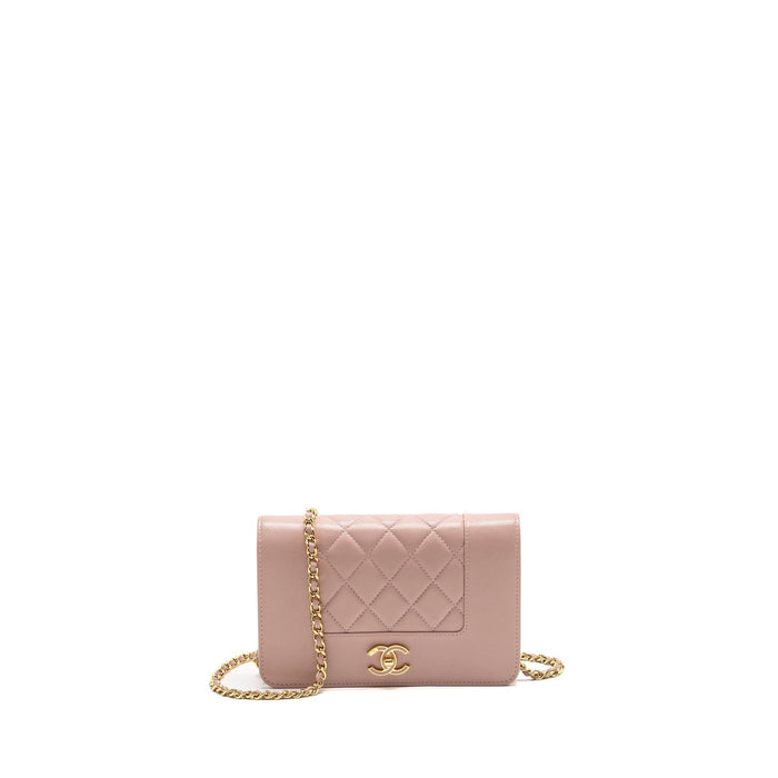 CHANEL CC LOGO WALLET WITH CHAIN GOATSKIN PINK GHW