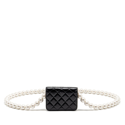 CHANEL CARD HOLDER WITH MAXI PEARLS CHAIN LAMBSKIN BLACK LGHW