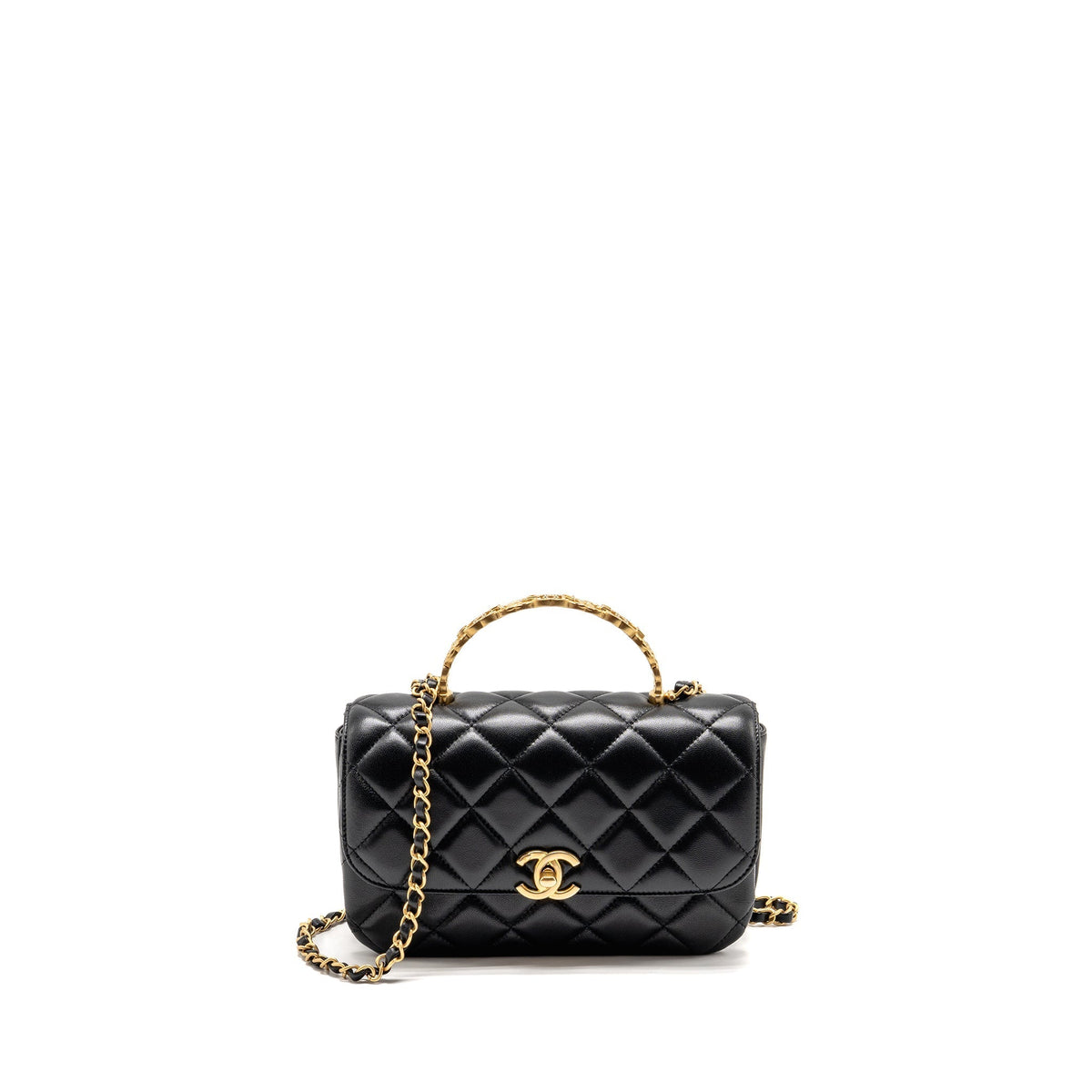 CHANEL 24S CC LOGO TOP HANDLE FLAP BAG WITH CHAIN LAMBSKIN BLACK GHW (MICROCHIP)