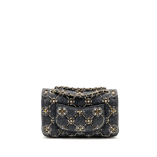 CHANEL 21A PEARL STRASS CRYSTAL MEDIUM CLASSIC DOUBLE FLAP BAG FABRIC GREY LGHW