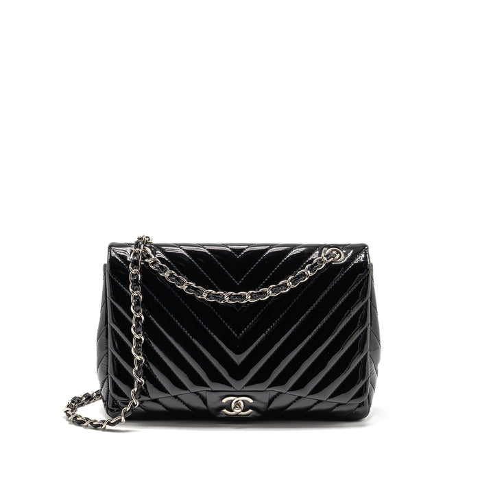 CHANEL CHEVRON JUMBO SINGLE FLAP BAG PATENT BLACK SHW