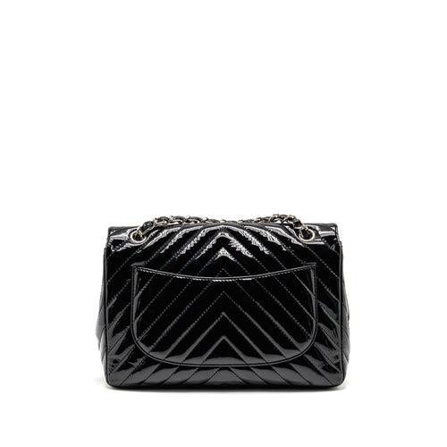CHANEL CHEVRON JUMBO SINGLE FLAP BAG PATENT BLACK SHW