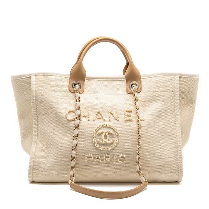 CHANEL DEAUVILLE TOTE BAG WITH PEARL LOGO FABRIC/LEATHER CREAMY WHITE/BEIGE LGHW