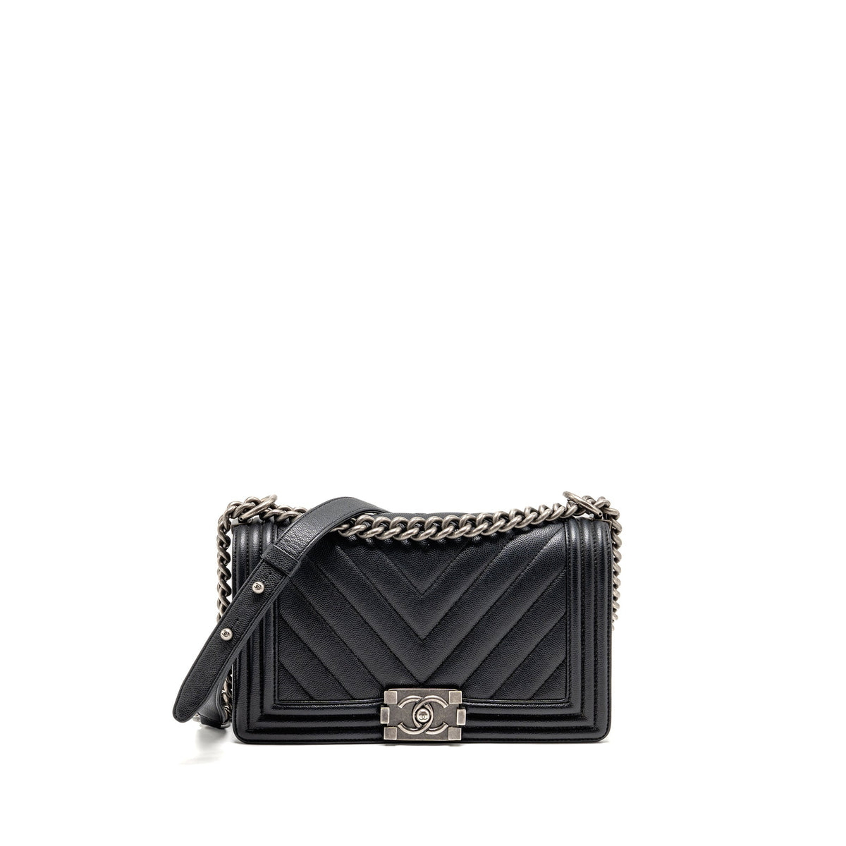 CHANEL MEDIUM BOY BAG CHEVRON CAVIAR BLACK RUTHENIUM SILVER HARDWARE