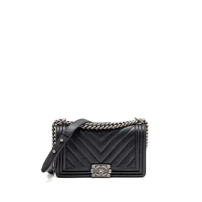 CHANEL MEDIUM BOY BAG CHEVRON CAVIAR BLACK RUTHENIUM SILVER HARDWARE