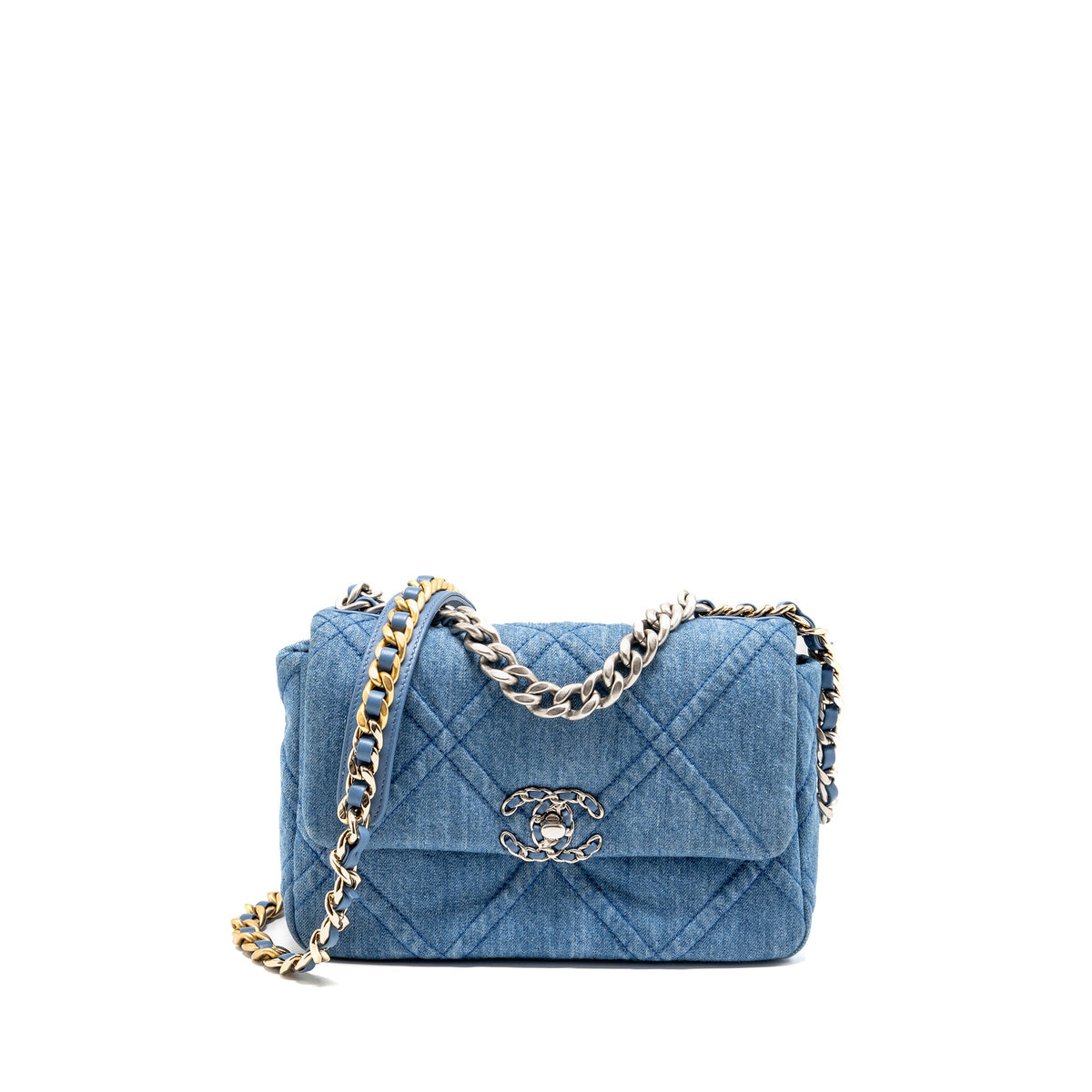 CHANEL SMALL 19 BAG DENIM LIGHT BLUE MULTICOLOURED HARDWARE (MICROCHIP)