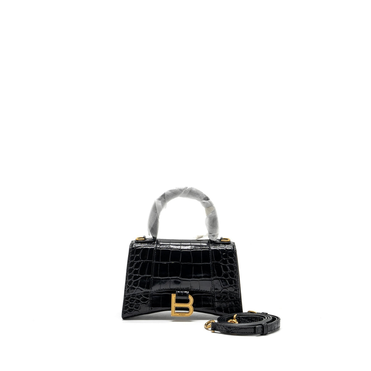 BALENCIAGA HOURGLASS XS HANDBAG CROCODILE EMBOSSED BLACK GHW