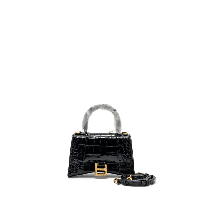 BALENCIAGA HOURGLASS XS HANDBAG CROCODILE EMBOSSED BLACK GHW