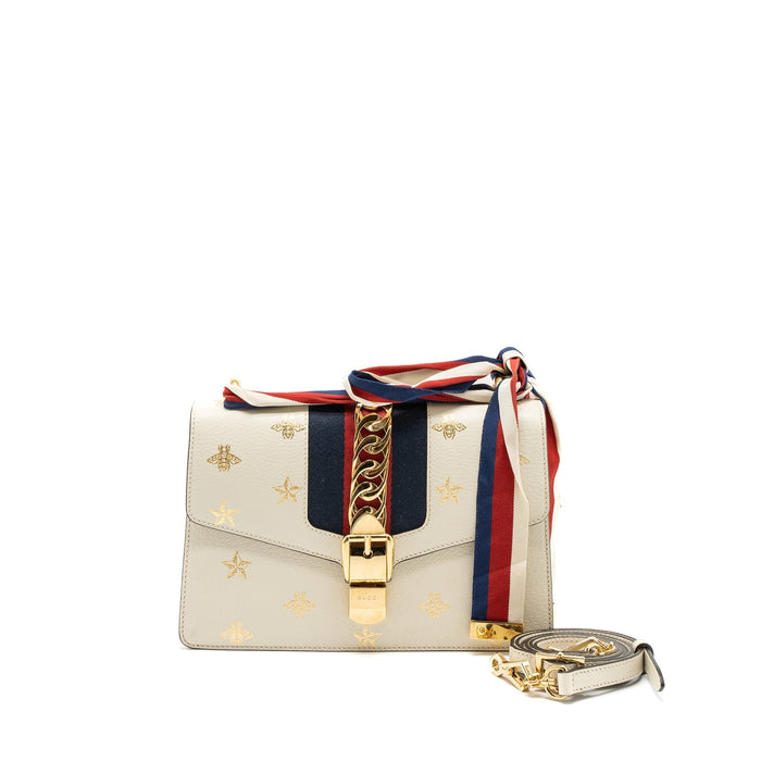 GUCCI SMALL SYLVIE BAG BEE PRINTED CALFSKIN WHITE GHW