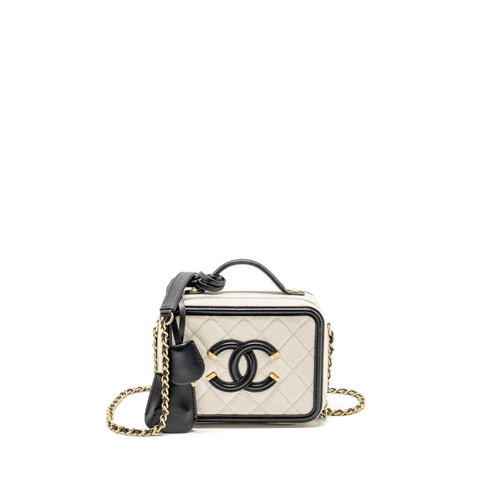 CHANEL CC FILIGREE VANITY CASE CAVIAR WHITE/BLACK GHW