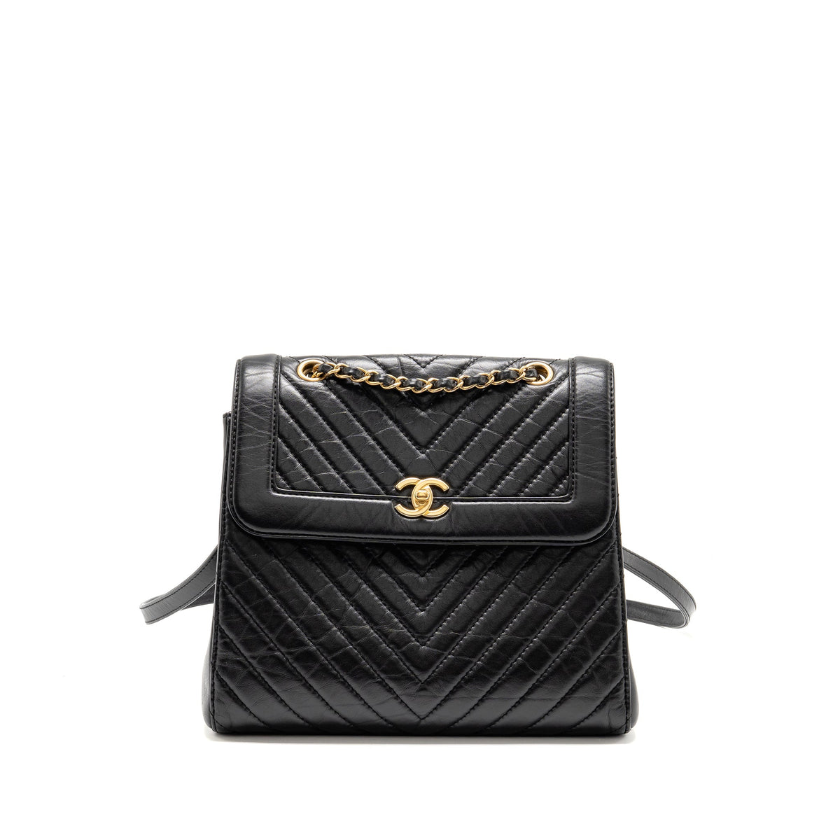 CHANEL CHEVRON FRAME QUILTED BACKPACK AGED CALFSKIN BLACK GHW