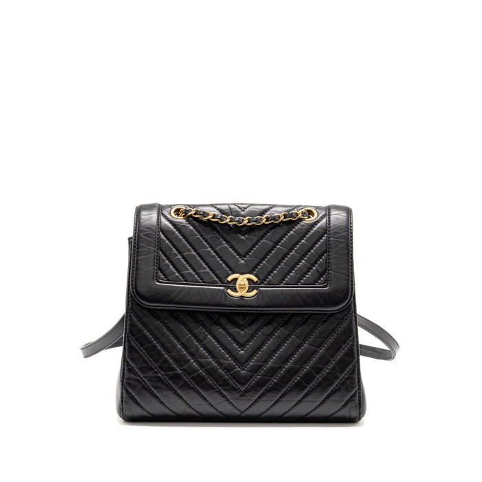 CHANEL CHEVRON FRAME QUILTED BACKPACK AGED CALFSKIN BLACK GHW