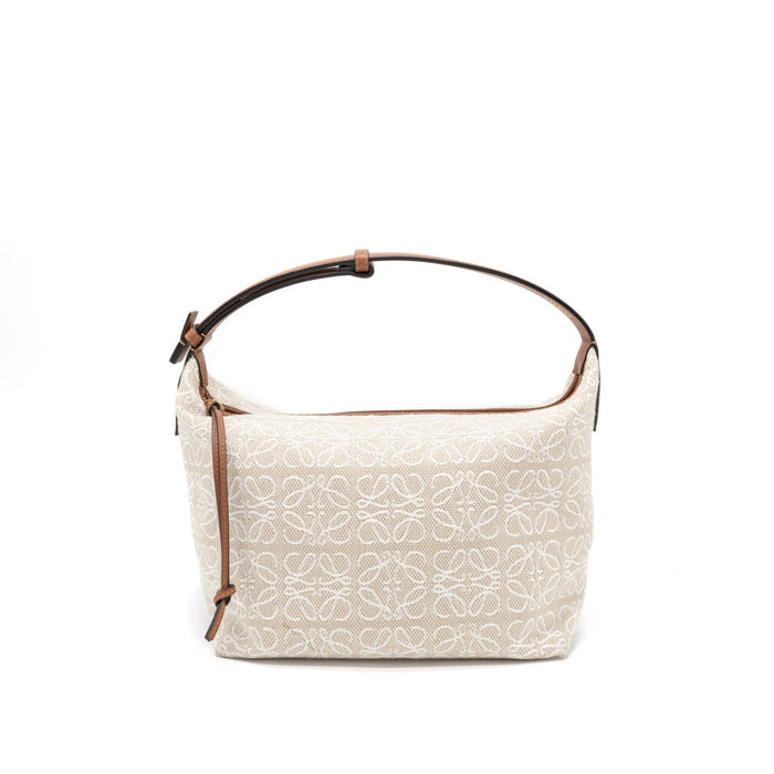 LOEWE MEDIUM CUBI ANAGRAM BAG TRIMMED LEATHER/JACQUARD CANVAS BEIGE/BROWN GHW