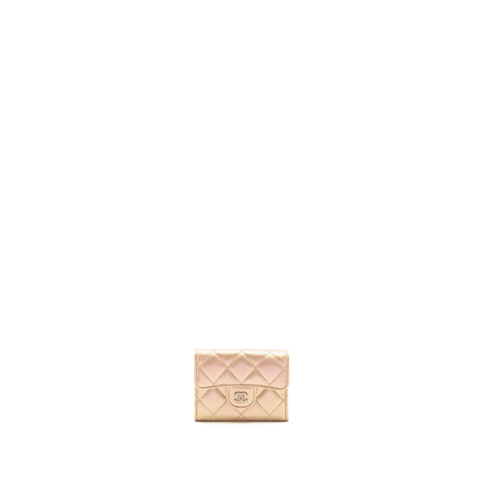 CHANEL QUILTED SMALL CLASSIC FLAP WALLET / CARD HOLDER CALFSKIN IRIDESCENT PINK SHW
