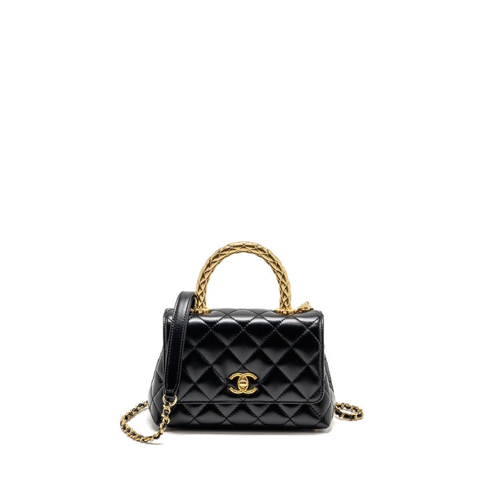 CHANEL METAL TOP HANDLE COCO HANDLE MINI SHINY CALFSKIN BLACK GHW (MICROCHIP)