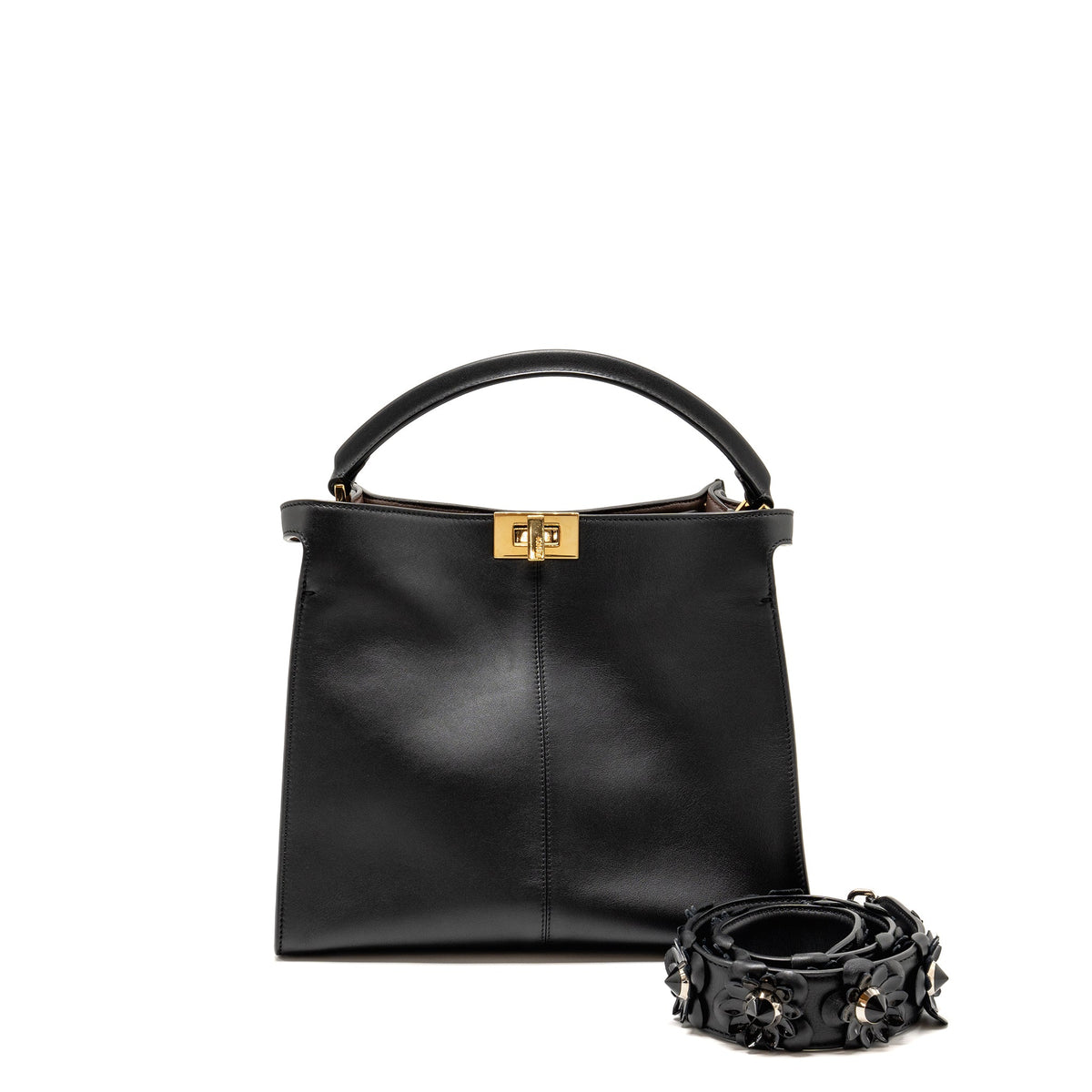 FENDI PEEKABOO X-LITE MEDIUM CALFSKIN BLACK GHW WITH FLOWERLAND STRAP