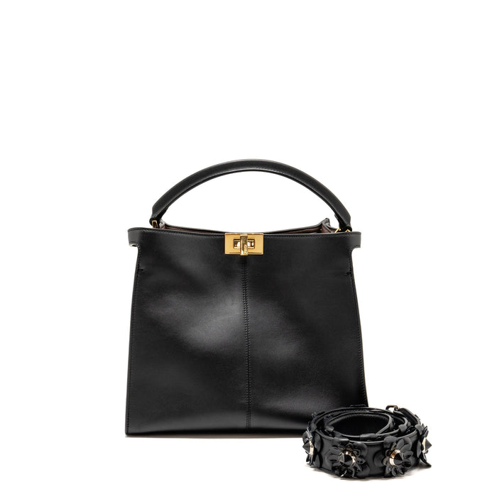 FENDI PEEKABOO X-LITE MEDIUM CALFSKIN BLACK GHW WITH FLOWERLAND STRAP