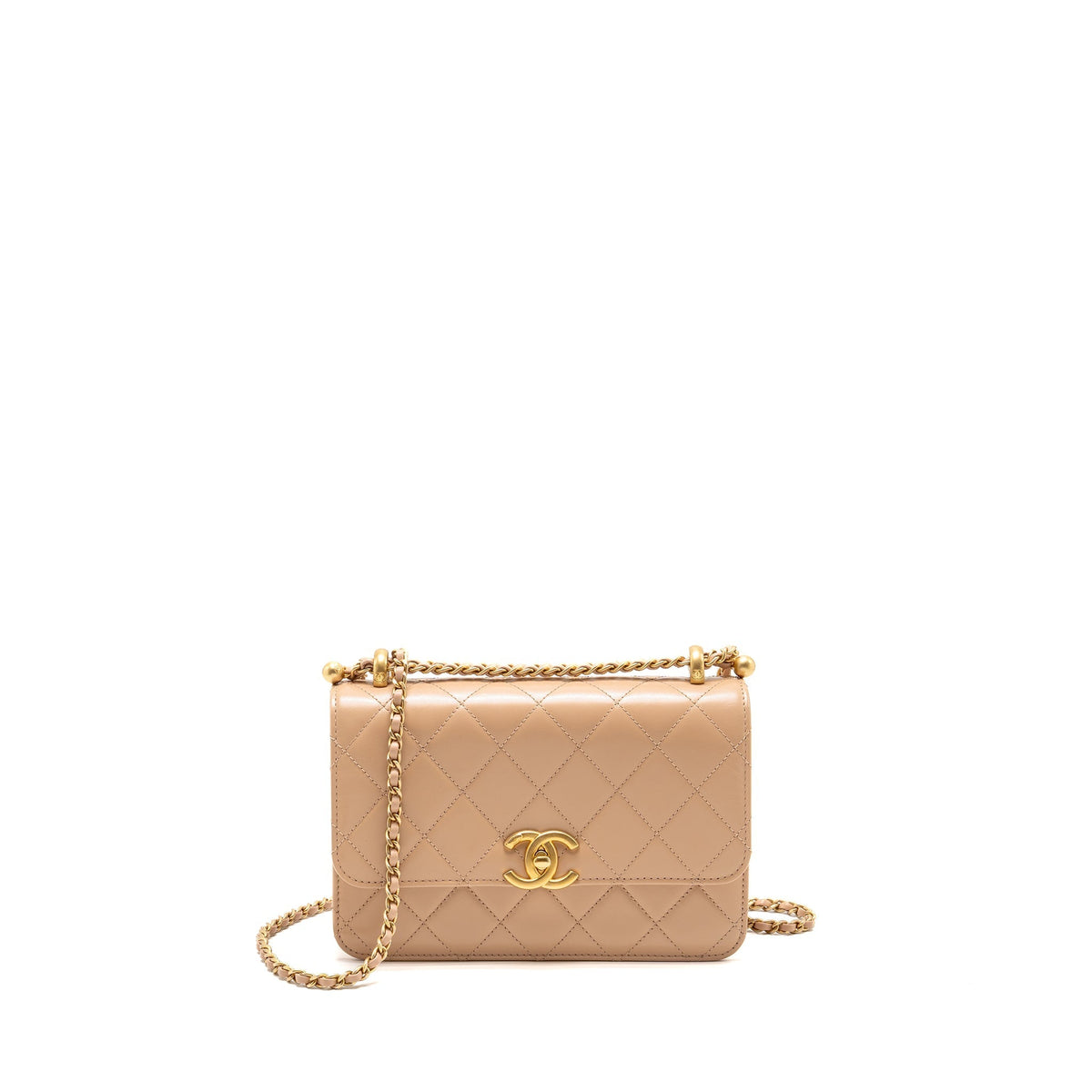 CHANEL GOLD CRUSH FLAP BAG CALFSKIN BEIGE GHW (MICROCHIP)